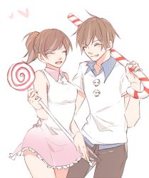 Rule 34 | 1boy, 1girl, brown hair, candy, candy cane, cheerful cookie, closed eyes, cookie run, dress, fingernails, food, frilled dress, frills, gemini (beonia), gingerbrave, grin, hero cookie, lollipop, oversized food, oversized object, ponytail, short hair, short sleeves, sleeveless, sleeveless dress, smile