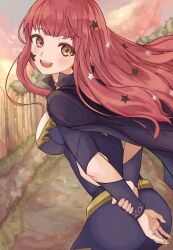 Rule 34 | 1girl, :d, absurdres, belt, bodysuit, capelet, cleavage cutout, clothing cutout, fire emblem, fire emblem engage, hair ornament, highres, long hair, looking at viewer, netugen33, nintendo, open mouth, red eyes, red hair, smile, solo, star (symbol), star hair ornament, teeth, upper teeth only, yunaka (fire emblem)