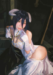 Rule 34 | 1girl, absurdres, albedo (overlord), black hair, breasts, cleavage, dress, finger to face, gloves, hair between eyes, highres, horns, kyouki (10203591), lipstick, looking at viewer, makeup, medium breasts, overlord (maruyama), parted lips, realistic, sitting, solo, thighs