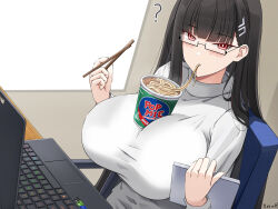 Rule 34 | 1girl, ?, black hair, blue archive, blush, breasts, bubble tea challenge, chair, chopsticks, computer, convenient breasts, cup ramen, desk, eating, glasses, highres, holding, holding chopsticks, huge breasts, keenh, laptop, object on breast, office chair, red eyes, rio (blue archive), sitting, solo, sweater, swivel chair, white sweater