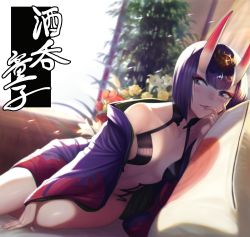 Rule 34 | 1girl, backlighting, blurry, blush, breasts, character name, commentary request, couch, depth of field, eyeshadow, fate/grand order, fate (series), finger in own mouth, flower, highres, horns, indoors, japanese clothes, kimono, leaning to the side, lips, looking at viewer, lying, makeup, oni, parted lips, pillow, plant, purple eyes, purple hair, revision, short hair, shuten douji (fate), shuten douji (first ascension) (fate), sitting, skin-covered horns, small breasts, smile, solo, sunlight, text focus, unknown showhey, window
