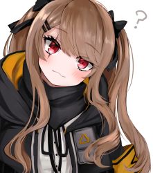 Rule 34 | 1girl, ?, blush, brown hair, closed mouth, girls&#039; frontline, hair ribbon, head tilt, kairi630, long hair, looking at viewer, red eyes, ribbon, scar, scar across eye, scar on face, simple background, solo, twintails, two side up, ump9 (girls&#039; frontline), upper body, white background