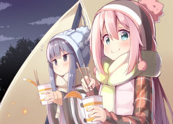 Rule 34 | 2girls, :t, beanie, blue eyes, blue hair, blue hat, blush, brown scarf, chopsticks, closed mouth, cloud, commentary request, down vest, eating, fingernails, grey eyes, hair between eyes, hat, holding, holding chopsticks, jacket, kagamihara nadeshiko, long hair, long sleeves, multiple girls, night, night sky, nissin cup noodle, ominaeshi (takenoko), outdoors, pink hair, plaid, plaid jacket, red jacket, scarf, shima rin, sidelocks, sky, sleeves past wrists, smile, striped clothes, striped scarf, tent, vertical-striped clothes, vertical-striped scarf, very long hair, vest, white vest, yurucamp