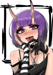 Rule 34 | 1girl, asymmetrical gloves, black choker, black gloves, bob cut, breasts, casual, choker, collarbone, drunk, eyeshadow, fang, fate/grand order, fate (series), fishnets, glasses, gloves, goth fashion, half gloves, hand on own face, highres, holding, holding removed eyewear, horns, jewelry, kevbot, looking at viewer, makeup, mismatched gloves, necklace, off shoulder, oni, open mouth, pince-nez, purple eyes, purple hair, semi-rimless eyewear, short eyebrows, short hair, shuten douji (fate), single half glove, skin-covered horns, small breasts, solo, spaghetti strap, squeans, striped, thick eyebrows, tongue, tongue out, unworn eyewear, upper body