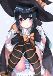 Rule 34 | asashio (kancolle), black hair, black thighhighs, blue eyes, cape, gloves, hat, highres, kantai collection, long hair, na-code (gurich), panties, pantyshot, simple background, sitting, solo, striped clothes, striped panties, striped thighhighs, thighhighs, underwear, white gloves, witch hat