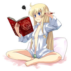 Rule 34 | 1girl, ahoge, barefoot, blonde hair, book, feet, female focus, flat chest, gin&#039;ichi (akacia), ginichi, green panties, grimoire, indian style, kirisame marisa, long hair, no pants, open book, open clothes, open shirt, panties, pencil, reading, shirt, simple background, sitting, solo, squiggle, touhou, underwear, white background, wooden pencil