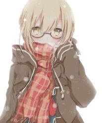 Rule 34 | 1girl, artoria pendragon (all), artoria pendragon (fate), blonde hair, blush, fate/grand order, fate (series), glasses, hiro (hirohiro31), jacket, looking at viewer, mysterious heroine x alter (fate), mysterious heroine x alter (first ascension) (fate), plaid, plaid scarf, saber (fate), scarf, scarf over mouth, semi-rimless eyewear, short hair, simple background, solo, under-rim eyewear, yellow eyes