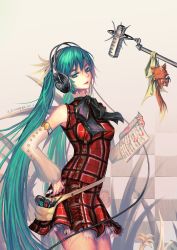 Rule 34 | 1girl, akg, akg k-series headphones, bare shoulders, beamed quavers, boots, cable, checkered background, colored eyelashes, detached sleeves, edenfox, eyelashes, flower, fox, green eyes, green hair, hatsune miku, headphones, highres, light smile, lily (flower), lips, long hair, matching hair/eyes, microphone, microphone stand, musical note, nail polish, pac-man (game), pen, plaid, quaver, sheet music, solo, twintails, very long hair, vocaloid