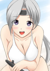 Rule 34 | 10s, 1girl, :d, blush, breasts, chitose (kancolle), cleavage, fuuma nagi, grey hair, headband, kantai collection, large breasts, leaning forward, long hair, looking at viewer, open mouth, personification, ponytail, purple eyes, smile, solo, submarine, swimsuit, watercraft