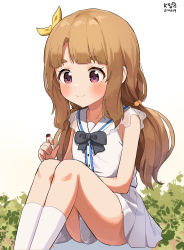 Rule 34 | black bow, blouse, blunt bangs, blush, bow, bowtie, brown hair, bug, bush, dress, feet out of frame, hair bobbles, hair ornament, highres, insect, insect on finger, knees up, ladybug, light brown hair, miyao miya, myeolchi, purple eyes, shirt, sitting, skirt, sleeveless, smile, socks, thick eyebrows, white skirt