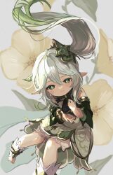 Rule 34 | 1girl, absurdres, arm cuffs, bloomers, blush, bracelet, brown dress, commentary, dress, fa2 (etu831), floating hair, floral background, flower, flower-shaped pupils, foot out of frame, genshin impact, green eyes, green hair, grey background, hand on own chest, highres, jewelry, looking at viewer, nahida (genshin impact), outstretched hand, plant hair, pointy ears, simple background, sketch, sleeveless, sleeveless dress, smile, solo, symbol-only commentary, symbol-shaped pupils, toeless footwear, underwear, white bloomers, white footwear, white hair, yellow flower