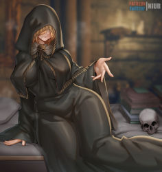 Rule 34 | 1girl, artist name, bed, black dress, blonde hair, book, book stack, candle, closed mouth, covered erect nipples, covered navel, dress, elden ring, fia the deathbed companion, hair over eyes, hood, hood up, indoors, long hair, long sleeves, niur, on bed, open hand, pillow, sitting, skull, sleeves past wrists, smile, solo, steam, steaming body, wide sleeves