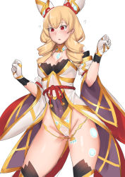 Rule 34 | blonde hair, breasts, cameltoe, cleavage, confused, cosplay, drill hair, erika wagner, highres, nia (blade) (xenoblade), nia (blade) (xenoblade) (cosplay), nia (xenoblade), nia (xenoblade) (cosplay), red eyes, stormcow, twin drills, under night in-birth, xenoblade chronicles (series), xenoblade chronicles 2