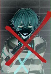 Rule 34 | 1boy, character name, cross, crossed out, highres, male focus, mugshot, number tattoo, open mouth, prison clothes, rapis box, satomi (stpri), shirt, short hair, smile, solo, strawberry prince, striped clothes, striped shirt, tattoo, tongue, tongue out
