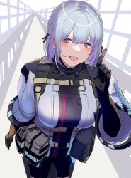 Rule 34 | 1girl, 3 small spiders, absurdres, ammunition belt, black bodysuit, black shorts, blush, bodysuit, breasts, commentary, defy (girls&#039; frontline), feet out of frame, girls&#039; frontline, hair ornament, hairclip, harness, highres, index finger raised, large breasts, leaning forward, looking at viewer, open mouth, purple eyes, rpk-16 (girls&#039; frontline), short hair, shorts, simple background, smile, solo, standing, tactical clothes, teeth, upper teeth only, wide sleeves