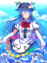 Rule 34 | 1girl, blue hair, blue skirt, blue sky, blush, bow, bowtie, breasts, closed eyes, closed mouth, clothes lift, cowboy shot, food, frilled skirt, frills, fruit, hinanawi tenshi, leaf, lifted by self, long hair, matryoshka (borscht), medium breasts, peach, puffy short sleeves, puffy sleeves, rainbow order, red bow, red bowtie, shirt, short sleeves, sidelocks, skirt, skirt lift, sky, smile, solo, touhou, white shirt