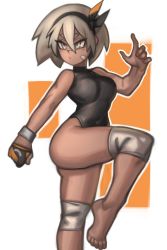 Rule 34 | 1girl, absurdres, barefoot, bea (pokemon), black bodysuit, black hairband, blue eyes, bodysuit, breasts, creatures (company), dark-skinned female, dark skin, game freak, gym leader, hairband, highres, kelvin hiu, kneepits, legs, leotard, looking away, nintendo, pokemon, pokemon swsh, short hair, silver hair, skin tight, small breasts, soles, solo, standing, stretching, sweat, thick thighs, thighs, toes, toned, turtleneck