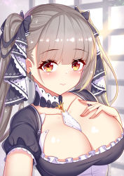 Rule 34 | 1girl, absurdres, azur lane, between breasts, black dress, blush, breasts, cleavage, collarbone, commentary request, dress, earrings, face, formidable (azur lane), frilled dress, frills, hair ribbon, highres, jewelry, kensei (ciid), large breasts, long hair, looking at viewer, red eyes, ribbon, short sleeves, solo, twintails, very long hair
