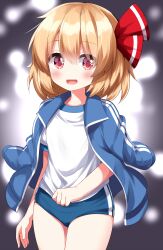 Rule 34 | 1girl, alternate costume, black background, blonde hair, blue buruma, blue jacket, blurry, blurry background, buruma, commentary request, hairband, highres, jacket, long sleeves, looking at viewer, open mouth, red eyes, red hairband, rumia, ruu (tksymkw), shirt, short hair, short sleeves, solo, touhou, white shirt