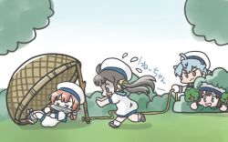 Rule 34 | 1girl, basket, black hair, blue eyes, blue sailor collar, bound, bound ankles, bound wrists, brown eyes, brown hair, bush, commentary request, daitou (kancolle), dress, drop trap, ferret-san, flying sweatdrops, gagged, hair rings, hat, hiding, kaiboukan no. 22 (kancolle), kaiboukan no. 4 (kancolle), kantai collection, long hair, low twintails, puffy short sleeves, puffy sleeves, rope, sado (kancolle), sailor collar, sailor dress, sailor hat, short sleeves, solo, stick, tied up (nonsexual), twintails, white dress, white hat