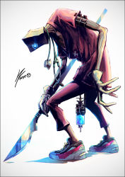 Rule 34 | 1boy, alternate costume, artist name, bag, bag over head, blue eyes, doctor, faust (guilty gear), gloves, glowing, glowing eye, guilty gear, guilty gear strive, holding, holding weapon, k-suwabe, leaning forward, looking at viewer, one-eyed, paper bag, scalpel, shoes, signature, simple background, solo, stethoscope, syringe, weapon, white background, white gloves