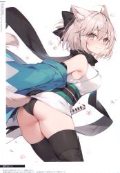 Rule 34 | 1girl, absurdres, ahoge, animal ear fluff, animal ears, ass, black panties, black scarf, black thighhighs, blush, bow, breasts, cat ears, fate/grand order, fate (series), flower, haori, highres, japanese clothes, katana, looking at viewer, medium breasts, muryotaro, obi, okita souji (fate), okita souji (koha-ace), panties, paw print, sash, scan, scarf, shiny clothes, simple background, smile, sword, tail, tears, thighhighs, thighs, underwear, weapon