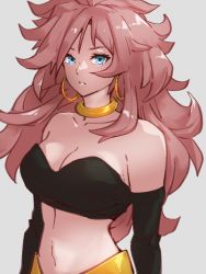 Rule 34 | 1girl, android 21, bare shoulders, blue eyes, breasts, choker, cleavage, collarbone, dragon ball, dragon ball fighterz, grey background, kemachiku, long hair, looking at viewer, majin android 21, medium breasts, midriff, navel, red hair, simple background, solo, yellow choker