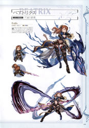 Rule 34 | 10s, 1girl, absurdres, armor, armored boots, asymmetrical bangs, beatrix (granblue fantasy), belt, bikini armor, black footwear, black shorts, boots, breasts, brown eyes, brown hair, chibi, cleavage, closed mouth, darkness, full body, gauntlets, glowing, glowing weapon, granblue fantasy, hair ornament, highres, holding, holding sword, holding weapon, large breasts, leaning forward, long hair, looking at viewer, midriff, minaba hideo, multiple views, navel, non-web source, official art, open mouth, ponytail, red thighhighs, scan, short shorts, shorts, simple background, smile, standing, sword, thigh boots, thighhighs, turtleneck, weapon
