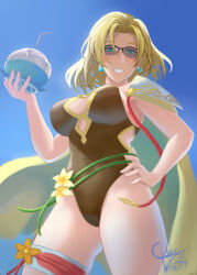 Rule 34 | 1girl, alternate costume, blonde hair, blue eyes, breasts, brown one-piece swimsuit, cape, ciderwrath, coconut cup, earrings, fire emblem, fire emblem: the sacred stones, fire emblem heroes, from below, highres, jewelry, large breasts, looking at viewer, looking down, medium hair, nintendo, official alternate costume, one-piece swimsuit, selena (fire emblem: the sacred stones), selena (summer) (fire emblem: the sacred stones), smile, solo, sunglasses, swimsuit, thighs, tinted eyewear