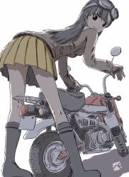 Rule 34 | 1girl, artist logo, asymmetrical bangs, bent over, black eyes, black hair, blunt bangs, chi-hatan military uniform, girls und panzer, helmet, highres, kainushi, leaning forward, long hair, long sleeves, looking at viewer, looking back, miniskirt, motor vehicle, motorcycle, nishi kinuyo, one-hour drawing challenge, pleated skirt, simple background, skirt, smile, solo, standing, thighs, vehicle, white background, yellow skirt