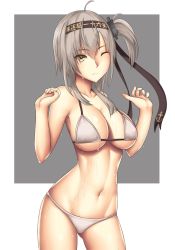 Rule 34 | 10s, 1girl, arcie albano, bikini, breasts, clothes writing, hachimaki, hair between eyes, headband, highres, kantai collection, large breasts, navel, one eye closed, one side up, silver hair, smile, solo, suzutsuki (kancolle), swimsuit, white bikini, yellow eyes