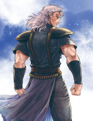 Rule 34 | 040shao, 1boy, back, belt, black pants, black shirt, blue background, brown belt, cape, clenched hand, closed mouth, commentary, cowboy shot, highres, hokuto no ken, looking to the side, male focus, medium hair, mullet, muscular, muscular male, pants, purple cape, scar, scar across eye, scar on face, shirt, short sleeves, shoulder pads, shu (hokuto no ken), smile, solo, waist cape, white hair