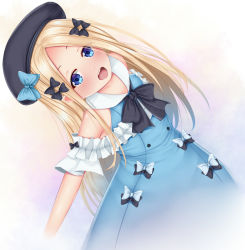 Rule 34 | 1girl, :d, abigail williams (animejapan 2018) (fate), abigail williams (fate), beret, black bow, black hat, blonde hair, blue bow, blue dress, blue eyes, blush, bow, dress, fate/grand order, fate (series), forehead, hair bow, hat, leaning back, long hair, looking at viewer, official alternate costume, open mouth, parted bangs, puririn, round teeth, sleeveless, sleeveless dress, smile, solo, teeth, upper teeth only, very long hair, white bow