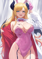 Rule 34 | 1girl, alternate costume, animal ears, bat tattoo, black horns, blonde hair, blue eyes, bow, bowtie, breast tattoo, breasts, cleavage, covered navel, demon girl, demon horns, demon wings, detached collar, fake animal ears, garter straps, guchico, highleg, highleg leotard, highres, hololive, horns, lab coat, large breasts, leotard, long hair, looking at viewer, open clothes, pink leotard, playboy bunny, pointy ears, rabbit ears, signature, smile, solo, tattoo, tongue, tongue out, virtual youtuber, wings, yuzuki choco