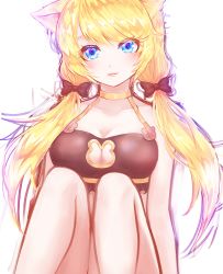 Rule 34 | 1girl, akan817, animal ears, bad id, bad pixiv id, bare shoulders, black bra, blonde hair, blue eyes, bow, bra, breasts, cat ears, choker, cleavage, cleavage cutout, clothing cutout, collarbone, hair bow, hair over shoulder, halterneck, halterneck, king&#039;s raid, knees up, large breasts, long hair, looking at viewer, low twintails, rodina (king&#039;s raid), simple background, sitting, solo, swimsuit, twintails, underwear, underwear only, white background