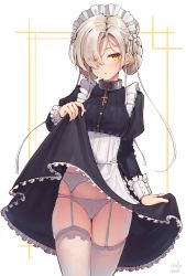 Rule 34 | 1girl, absurdres, apron, asla yu, azur lane, blonde hair, blush, braid, breasts, chain, clothes lift, collar, cross, dress, dress lift, eyes visible through hair, french braid, frilled apron, frills, garter straps, grey panties, grey thighhighs, highres, lifting own clothes, long sleeves, looking at viewer, maid, maid apron, maid headdress, medium breasts, metal collar, multiple girls, panties, sheffield (azur lane), short hair, solo, thighhighs, underwear, white apron, white thighhighs, yellow eyes