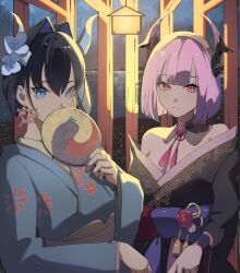 Rule 34 | 2girls, absurdres, black hair, black kimono, blue eyes, blue flower, blue kimono, breasts, cleavage, commentary, earrings, english commentary, eyelashes, flower, hair between eyes, hair flower, hair intakes, hair ornament, hand fan, highres, holding, holding fan, hololive, hololive english, horns, japanese clothes, jewelry, kimono, large breasts, looking at viewer, mori calliope, mori calliope (new year), multiple girls, night, night sky, o22no, ouro kronii, ouro kronii (new year), pink eyes, pink hair, short hair, sky, slit pupils, smile, upper body, virtual youtuber, water