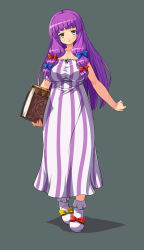 Rule 34 | 1girl, :&lt;, bare shoulders, book, bow, breasts, cleavage, dress, female focus, hair bow, large breasts, long hair, nekomamire, patchouli knowledge, purple eyes, purple hair, simple background, solo, strapless, strapless dress, touhou