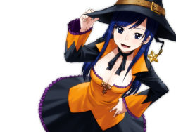 Rule 34 | 1girl, blue eyes, blue hair, breasts, cleavage, dream c club, dream c club (series), dream c club zero, halloween, hand on headwear, hand on own hip, hat, highres, large breasts, matching hair/eyes, no bra, open mouth, reika (dream c club), simple background, smile, solo, star (symbol), tachibana midori, tachibana roku, witch hat