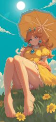 Rule 34 | 1girl, absurdres, barefoot, blue sky, blush, breasts, brown hair, cleft of venus, cloud, cloudy sky, crown, day, dress, earrings, eyelashes, feet, flower, frilled dress, frills, full body, hand up, highres, holding, holding umbrella, itzah, jewelry, knees together feet apart, legs, long hair, mario (series), medium breasts, nintendo, orange dress, outdoors, panties, parasol, partially visible vulva, pixel art, princess daisy, puffy short sleeves, puffy sleeves, purple panties, short sleeves, sitting, sky, smile, solo, sunflower, thighs, toenails, toes, umbrella, underwear