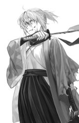 Rule 34 | 1girl, 2021, black hakama, black scarf, blood, blood on face, blood on hands, bloody weapon, dated, eyelashes, fate/grand order, fate/type redline, fate (series), feet out of frame, grey eyes, greyscale, hair between eyes, hakama, haori, highres, holding, holding sword, holding weapon, japanese clothes, katana, kimono, koha-ace, looking to the side, monochrome, nipi27, okita souji (fate), okita souji (koha-ace), parted lips, ponytail, scarf, sheath, signature, silver hair, simple background, solo, sword, torn clothes, weapon, white background, white kimono