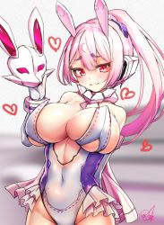 Rule 34 | 1girl, :3, bare shoulders, blush, breasts, cleavage, covered navel, doyouwantto, frills, headgear, heart, leotard, looking at viewer, mask, megami device, pink eyes, pink hair, solo