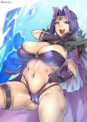 Rule 34 | 1girl, :d, ass, blue eyes, breasts, cameltoe, cape, circlet, cleavage, cleft of venus, gloves, hair intakes, hand on own hip, highres, huge breasts, jewelry, laughing, long hair, looking at viewer, naga the serpent, navel, ojou-sama pose, open mouth, pokkora, purple gloves, purple hair, revealing clothes, slayers, smile, solo, teeth, thick thighs, thigh strap, thighs, tongue, twitter username, very long hair