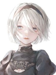 Rule 34 | 1girl, bad id, bad twitter id, black dress, black hairband, blue eyes, cleavage cutout, closed mouth, clothing cutout, commentary, dress, english commentary, eyebrows hidden by hair, eyelashes, hair between eyes, hairband, highres, lips, looking to the side, nier:automata, nier (series), nose, puffy sleeves, short hair, sidelighting, simple background, solo, straight-on, turtleneck, turtleneck dress, twitter username, upper body, white background, white hair, 2b (nier:automata), you (yo 865)