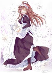 Rule 34 | 1girl, apron, blush, boots, breasts, brown footwear, brown hair, cherry blossoms, double bun, dress, frills, full body, gradient background, hair bun, hairband, heart, highres, hizaka, kantai collection, kongou (kancolle), large breasts, long dress, long hair, long sleeves, looking at viewer, maid, maid apron, maid headdress, one-hour drawing challenge, open mouth, purple eyes, smile, solo, thigh boots, thighhighs, twitter username, victorian maid