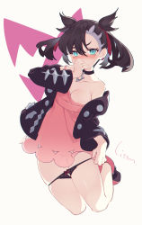 Rule 34 | 1girl, asymmetrical bangs, bare shoulders, black choker, black footwear, black hair, black jacket, black panties, blush, boots, bow, bow panties, breasts, choker, clothes pull, collarbone, covered mouth, creatures (company), dress, dress pull, full body, game freak, green eyes, hair ribbon, highres, jacket, litsvn, long sleeves, looking at viewer, marnie (pokemon), medium breasts, nintendo, nipple slip, nipples, nose blush, off shoulder, open clothes, open jacket, panties, panty pull, pink dress, pokemon, pokemon swsh, pulled by self, red ribbon, ribbon, signature, solo, twintails, underwear, white background