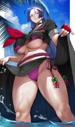 Rule 34 | 1girl, beads, bikini, bikini under clothes, black sailor collar, black serafuku, black shirt, black skirt, breasts, choker, clothes lift, commentary request, crop top, crop top overhang, fate/grand order, fate (series), fingerless gloves, gloves, highres, large breasts, long hair, long skirt, low-tied long hair, minamoto no raikou (fate), minamoto no raikou (fate/grand order), minamoto no raikou (swimsuit lancer) (fate), minamoto no raikou (swimsuit lancer) (second ascension) (fate), navel, palm tree, parted bangs, pleated skirt, purple bikini, purple eyes, purple hair, red gloves, red neckwear, rope, sailor collar, school uniform, serafuku, shirt, short sleeves, skirt, skirt lift, solo, swimsuit, thighs, tree, underboob, very long hair, wading, water, yoshio (55level)
