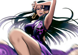 Rule 34 | 1girl, arm up, armpits, black hair, blue eyes, boa hancock, breasts, earrings, jewelry, kyon (yae), large breasts, long hair, looking at viewer, one piece, open mouth, simple background, solo, white background