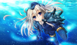 Rule 34 | 10s, 1girl, aoi hiro, blue eyes, jacket, kantai collection, long hair, looking at viewer, parted lips, reaching, silver hair, solo, submerged, u-511 (kancolle), underwater