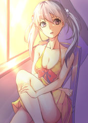 Rule 34 | 1girl, bare shoulders, bow, breasts, cleavage, collarbone, commentary request, curtains, dress, dress bow, grey eyes, halterneck, hand on lap, hand on own leg, highres, knee up, long hair, looking afar, medium breasts, monogatari (series), narumi muran, oikura sodachi, on chair, parted lips, red bow, scrunchie, silver hair, sitting, solo, sundress, sunset, turning head, twintails, white scrunchie, wind, window